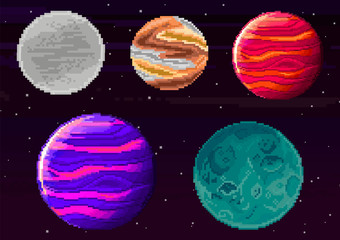 Obraz na płótnie Canvas Set of pixel planets for game. Vector of starry sky in retro pixel art style. Planet, Jupiter, spaceship. Pixel art game location. 8 bit background.