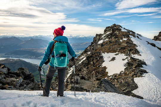 Alpine hiking in snow covered mountains, The Remarkables, New Zealand