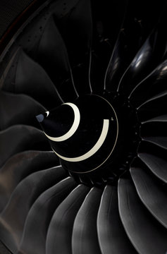 Turbine jet engine on an airliner view from the front