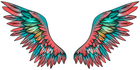 Beautiful magic glowing shiny glittery gradient pink turquoise vector wings