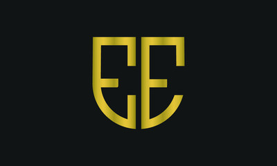 Letter EE monogram and shield sign combination. Line art logo design. Symbolizes reliability, safety, power, security.