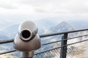 Viewing platform with coin-operated telescope in  mountains