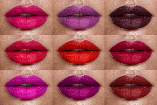 Collection of lips colorful hues. The palette of lipsticks. Close-up