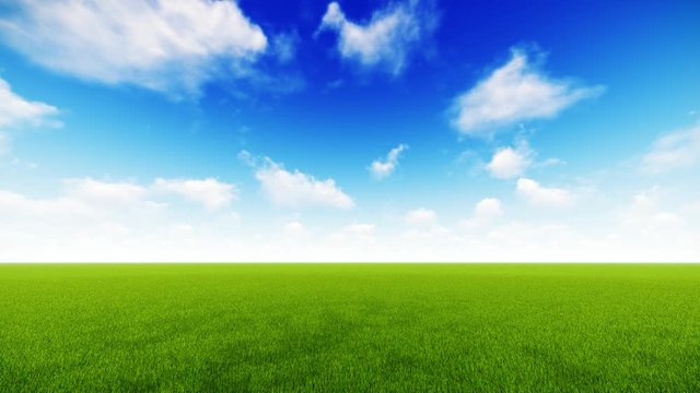 Green grass field and blue sky with fluffy clouds