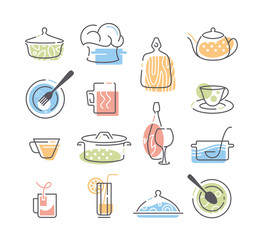 Set of kitchen utensils and cookware icons.
