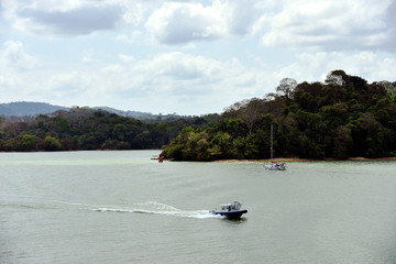 Landscape of the Panama Canal. View from the transiting cargo ship. 