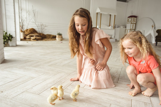 kids playing with ducks for Easter