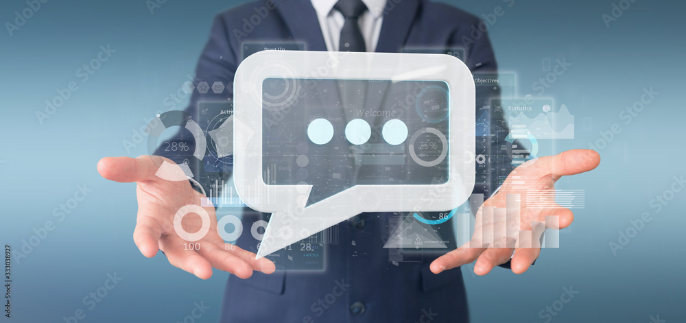 Poster view of a businessman holding a message icon with data in background - 3d rendering