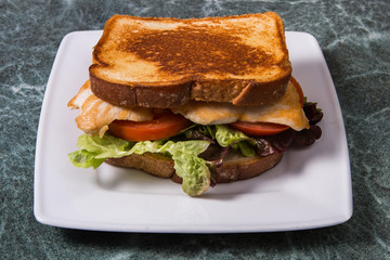 A chicken, tomato, cheese and salad sandwich