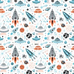 Tischdecke Weltraumhintergrund für Kinder. Vektornahtloses Muster mit Cartoon-Raketen, Planeten, Sternen, Kometen und UFOs. © AllNikArt