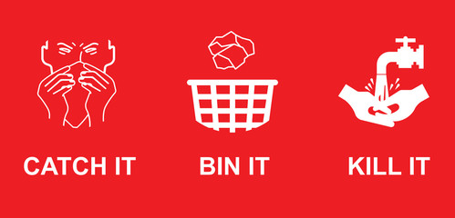 Virus advisory prevention measures catch, bin and kill it sign isolated on red background 