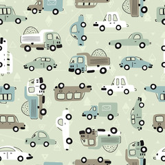 Cartoon Transportation Background for Kids. Vector Seamless Pattern with doodle Toy Cars