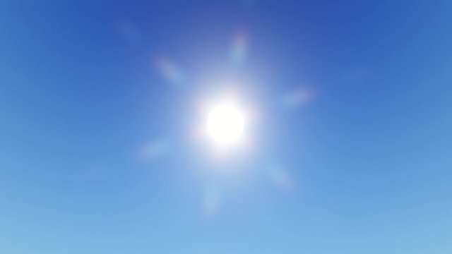 Sun shining bright in blue sky. Zooming in on solar disc with rays.