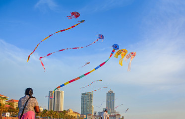 Kites Flying At Galle Face Green In Colombo, Sri Lanka. The Galle Face Green Is A 5 Hectare Ribbon Strip Of Land Between Galle Road And The Indian Ocean Which Is Now The Largest Open Space In Colombo