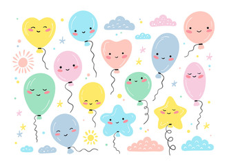 Holiday or Birthday Vector Set with doodle Cute Balloons, Clouds, Sun and Stars. Festive Kawaii Balloons. Cartoon Balloon with Funny Face for Baby Shower design.