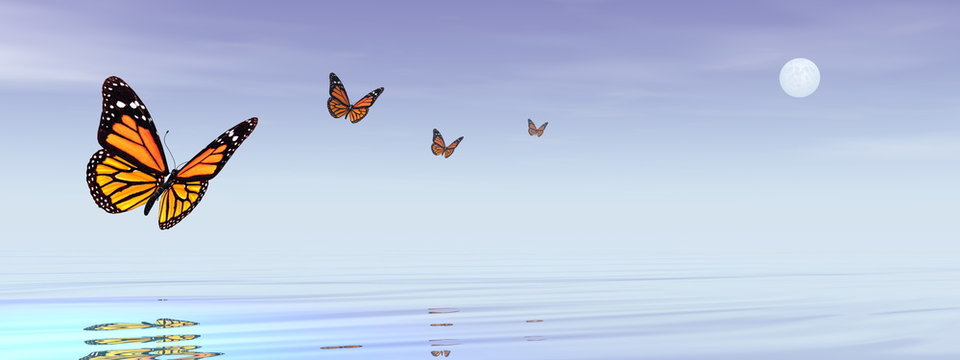 Butterflies flying to the moon upon the ocean - 3D render