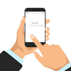 Hand holds smartphone with internet browser window on a screen. Web browser blank template in a flat style. Vector illustration isolated on white background.