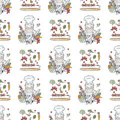 Food Vector Seamless pattern with Hand drawn doodle Chef, Bbq meat on skewers, baguette loaf and fresh vegetables. Food preparation background