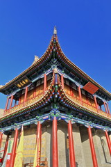 Wenchang Pavilion-latticed windows-red lacquered pillars-colorful wooden beams-gable hip roof-Jiayu Pass-Jiayuguan-Gansu-China-0739