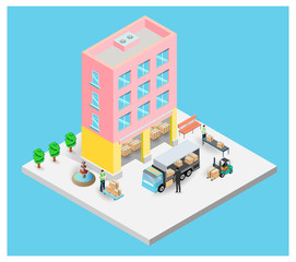 Modern isometric warehouse, delivery service, Storage building, forklifts, cargo and trucks for shipping. Vector illustration