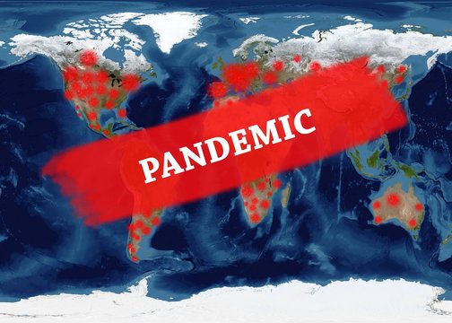 Coronavirus disease COVID-19 spread in a redcircles with word PANDEMIC on world global map . Novel coronavirus outbreak. Elements of this image furnished by NASA.