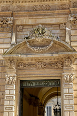 Facade of Palazzo dei Celestini. It currently houses the offices of the Prefecture and the Province of Lecce, Puglia, Italy