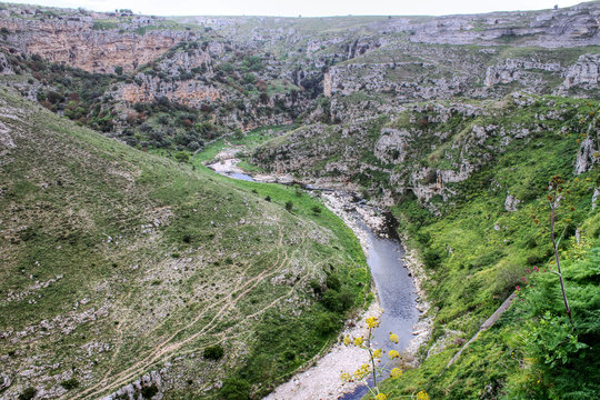 Overview of the ravine of Matera (Gravina of Matera), Basilicata, Italy