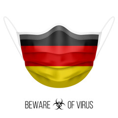 Medical Mask with National Flag of Germany as Icon on White. Protective Mask Virus and Flu. Surgery Concept of Health Care Problems and Fight Novel Coronavirus (2019-nCoV) in Form of German flag