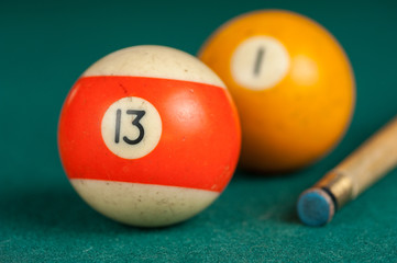 Billiards balls and cue on billiards table. Billiard sport concept.