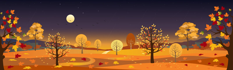 Autumn landscape forest trees with full moon and stars at night,Vector cartoon Panoramic of mid autumn field, mountains, leaves falling from trees in orange foliage.Wonderland landscape in fall season