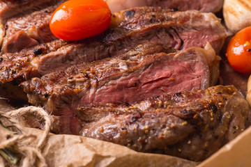 grilled meat medallions grilled vegetables dark background craft bbq