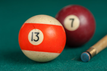 Billiards balls and cue on billiards table. Billiard sport concept.