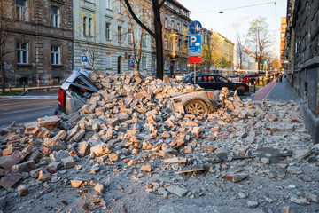 Zagreb hit by the earthquake destroyed cars
