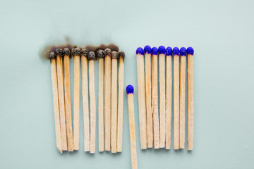 concept to stop the coronavirus COVID-19 from spreading -Matchsticks burn and one piece prevents fire from spreading, Social distance, Self-isolation or stay at home