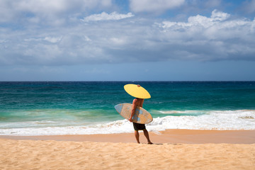 Fototapeta na wymiar Surfer on the beach, Hawaii Oahu