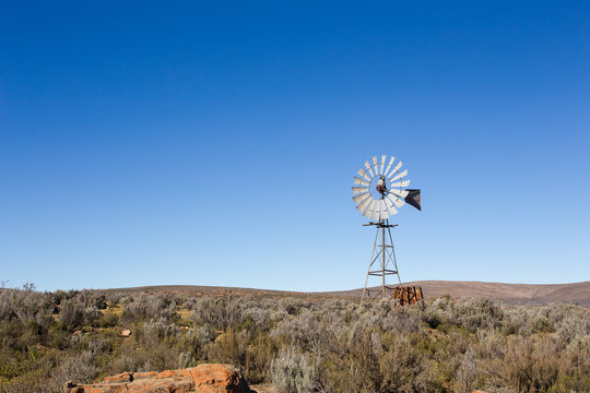Close up view of a a windpomp / windmill in the Karoo in the wes