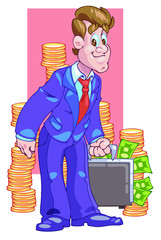 Salesman laughs and holding suitcase with dollar banknotes. Front view. Color vector flat cartoon illustration. Pop art retro style