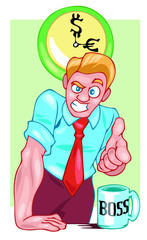 Boss businessman points a finger at you. Front view. Color vector flat cartoon illustration. Pop art retro style