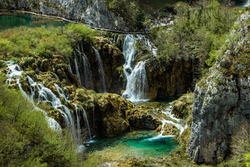 Plitivice lakes, Croatia: 24th april 2019 - Famous Plitvice lakes in Croatia, Europe, UNESCO, waterfall