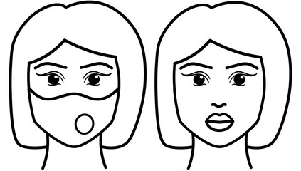 Woman with medical mask and without mask. Infection prevention concept.