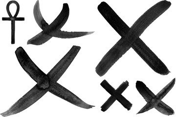 Hand drawn cross signs. Brush painted black icon. Grunge cross made with brush stroke on isolated background. X mark. 