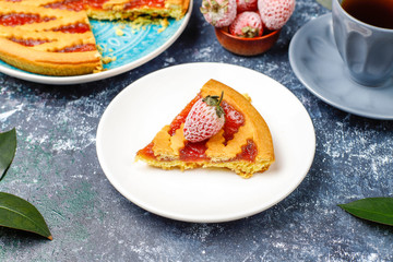 Baked strawberry jam pie cake sweet pastry top view