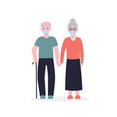 Grandparents in medical face masks. 2019-nCoV. Ncov, covid 2019, prevention Coronovirus concept. Novel coronavirus pandemic. Flat vector cartoon modern design illustration.