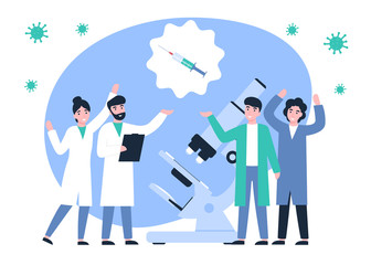 Happy scientists discovered a vaccine against coronavirus. Ncov, covid 2019, Coronovirus collection. Novel pandemic. Flat vector cartoon modern design illustration.