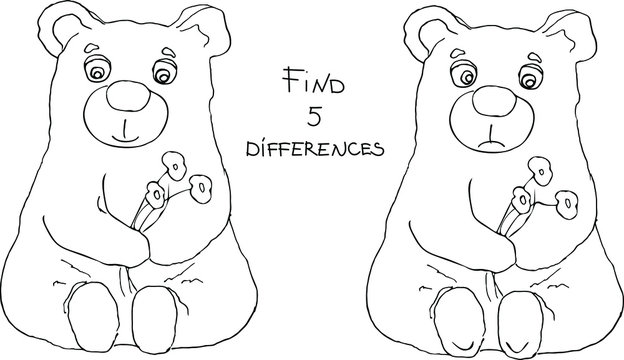 Find 5 differences and coloring illustration, bear with flowers painting for small children's game, small riddle for toddlers 3-6 years old, easy level 