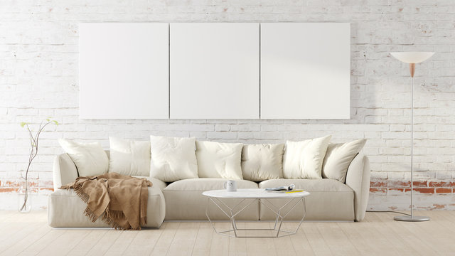 Living room with a white couch, table, floor lamp and mockup pictures. 3D render illustration.