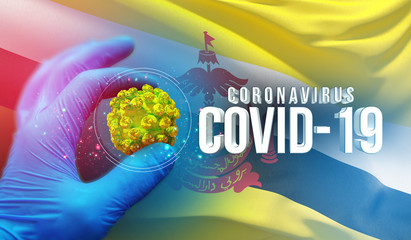 Coronavirus COVID-19 outbreak concept, health threatening virus, background waving national flag of Brunei. Pandemic stop Novel Coronavirus outbreak covid-19 3D illustration.