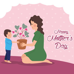 beautiful mother with son giving houseplant characters mothers day card