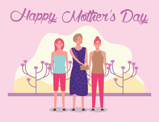 beautiful mothers with flowers and gift characters mothers day card