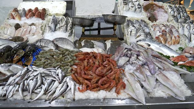 wide view of fresh seafood on display at a market in casablanca, morroco